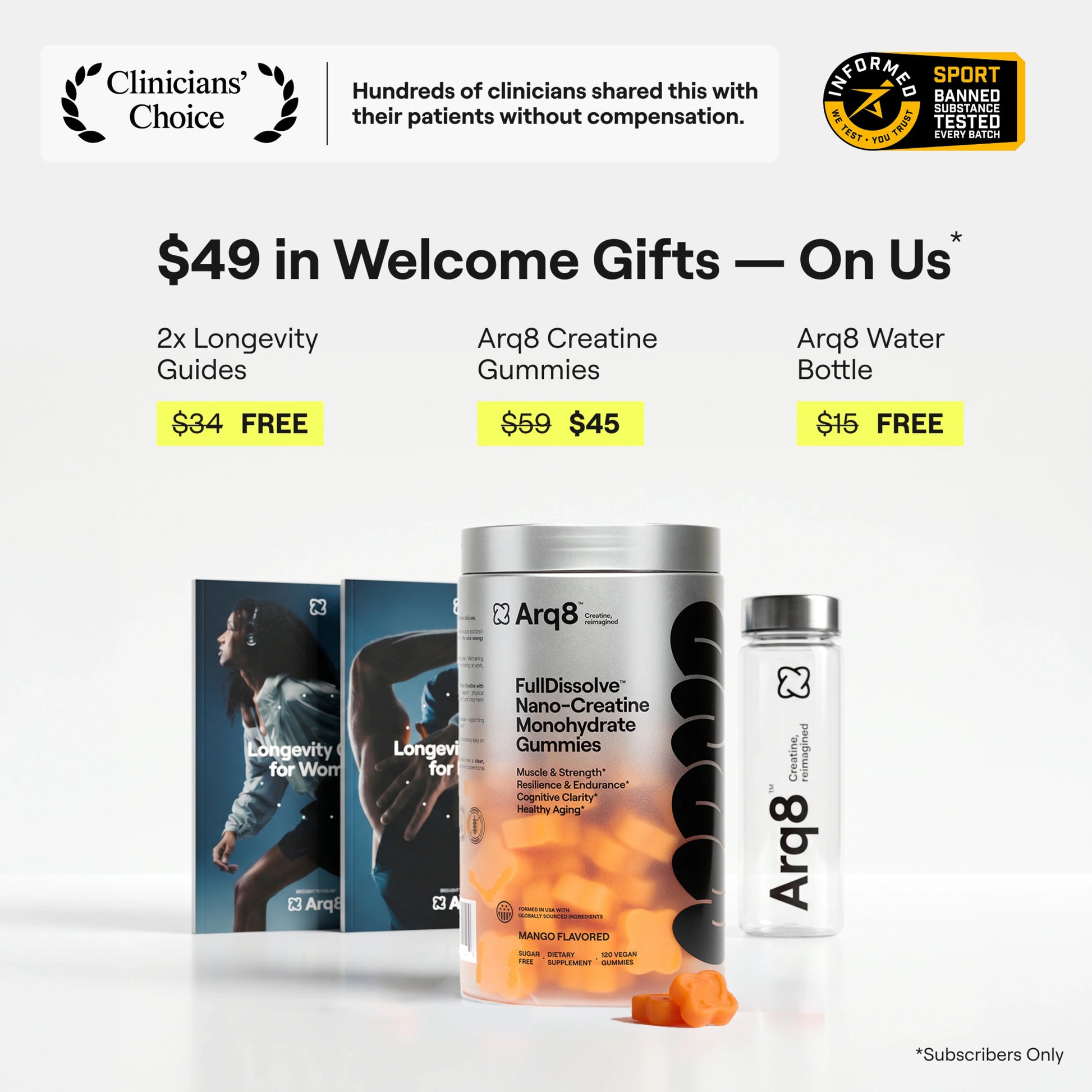 Arq8™ Creatine Monohydrate Gummies in mango flavor, showing the colorful gummies in a clear container.