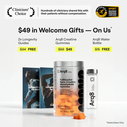 Arq8™ Creatine Monohydrate Gummies in mango flavor, showing the colorful gummies in a clear container.