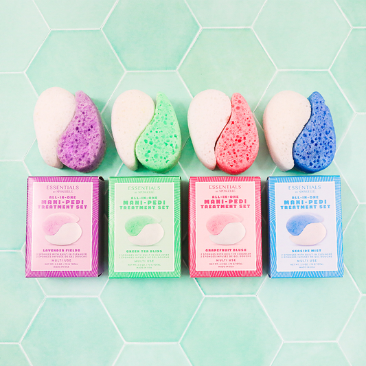 Spongellé Essentials Mani-Pedi Assorted Pack with body wash infused buffers, featuring multiple colors and textures for manicure and pedicure care.