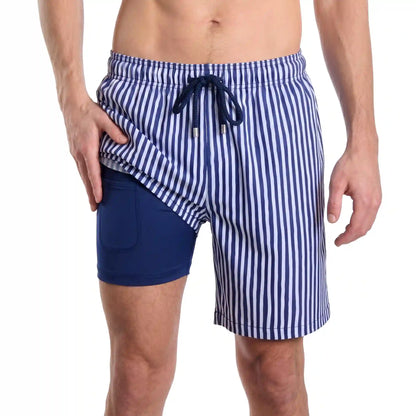 Men’s Premium Compression-Lined Hybrid Shorts – Marina Pinstripe-Indigo and Surf