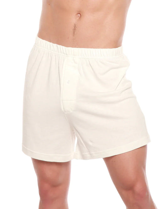 Men's cream-colored bamboo viscose and cotton boxer-style underwear from Spun Bamboo, 3-pack, with comfortable elastic waistband.