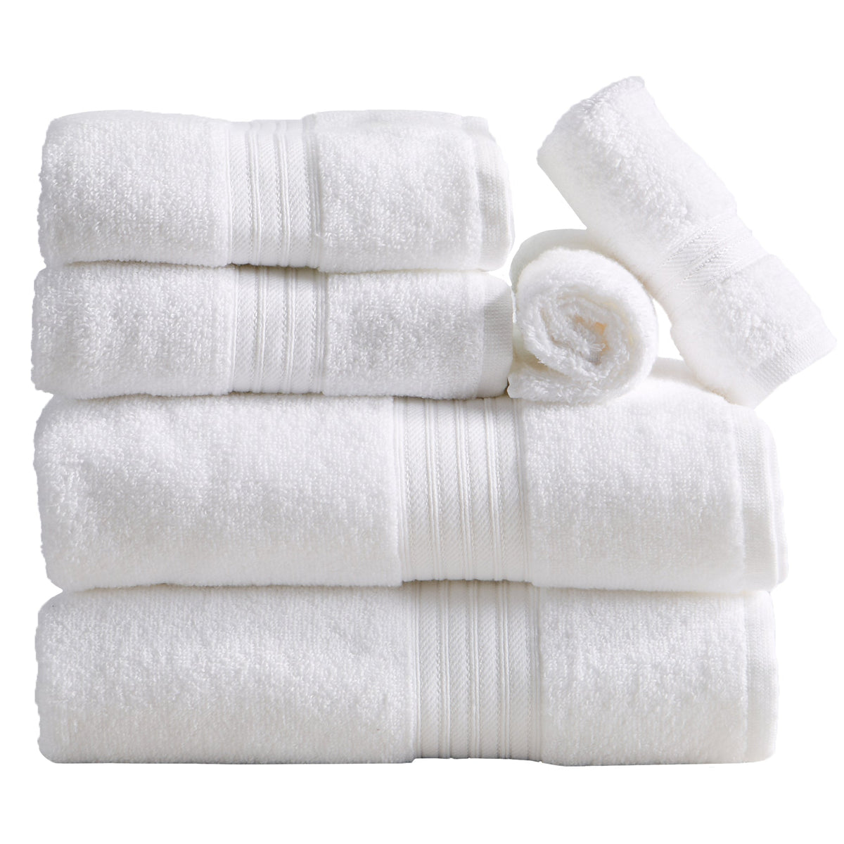 Cotton Terry Bath Towel Set from Great Bay Home Cooper Collection, showing soft, plush white towels stacked together.