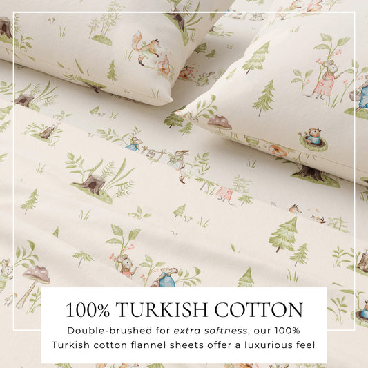 Kids' Christmas collection Turkish cotton flannel bed sheet set from Great Bay Home, featuring festive holiday-themed prints on soft, cozy sheets.