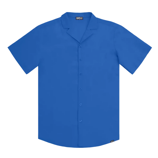 Men’s ocean blue tailored fit button-down shirt by Capelle Miami, shown on a hanger with a close-up of the fabric and collar details.
