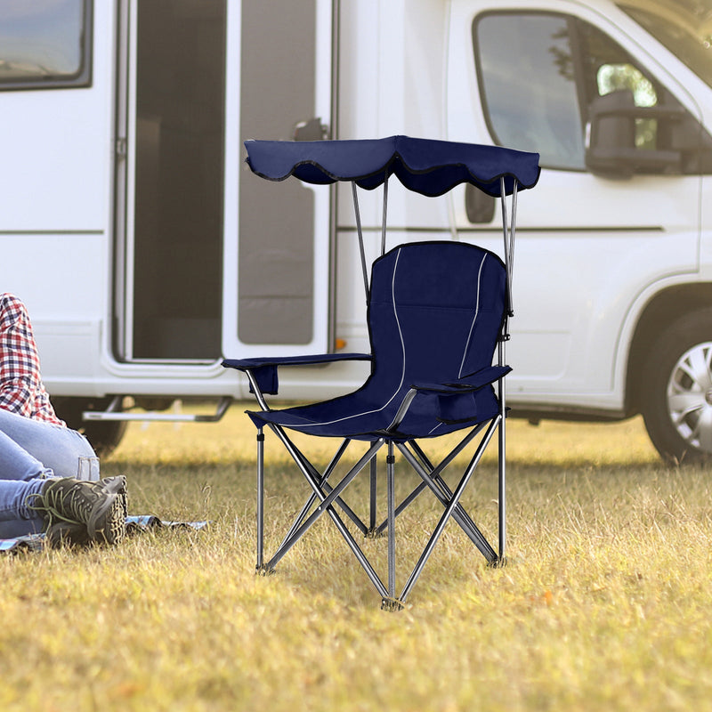 Portable GemGear folding beach canopy chair with cup holders, lightweight, blue, featuring a canopy for sun protection and comfortable seat.