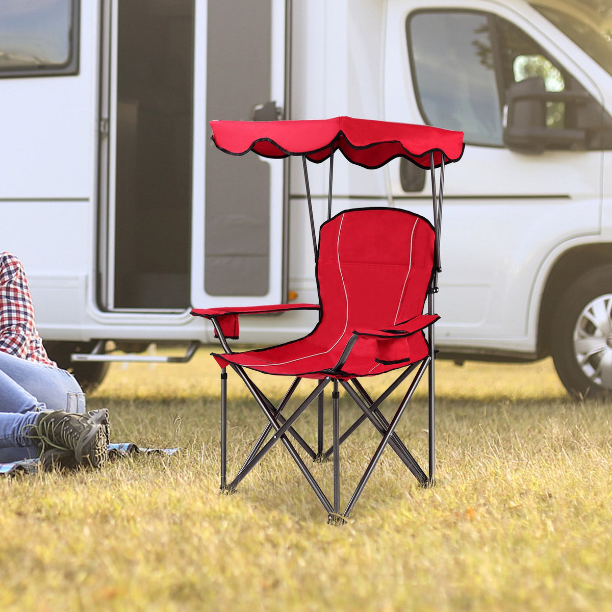 GemGear portable folding beach canopy chair with cup holders, lightweight and compact for easy outdoor seating and relaxation.