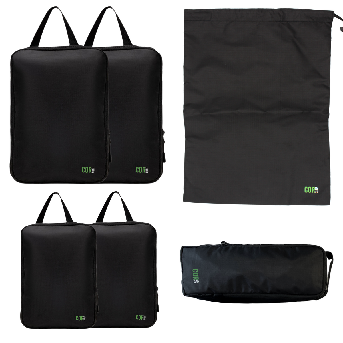 COR Surf compression packing cube set in various sizes for organized travel, showing lightweight, durable fabric and zipper closures.