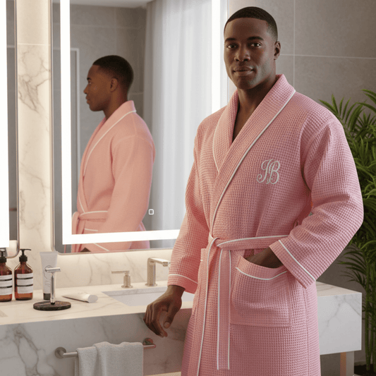 Pink waffle piping robe for men by Lotus Linen, soft and cozy men's robe with a textured waffle pattern and piping details.