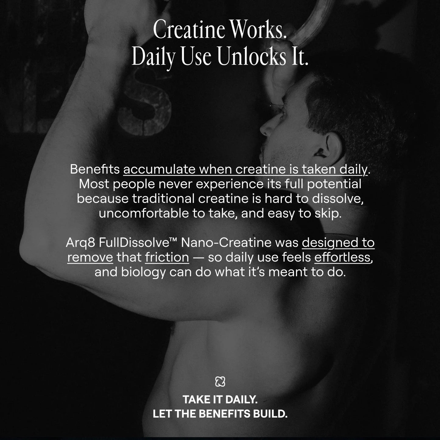 Arq8 Creatine Monohydrate powder in a clear container, showing fine white supplement powder for muscle support and athletic performance.