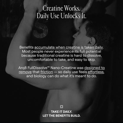 Arq8 Creatine Monohydrate powder in a clear container, showing fine white supplement powder for muscle support and athletic performance.