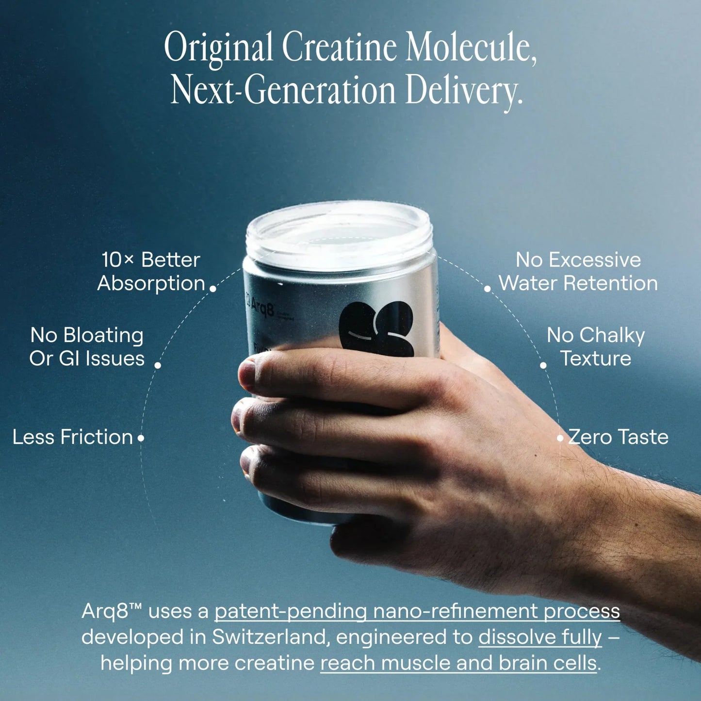 Arq8™ Creatine Monohydrate powder in a clear container, showing white powder for muscle performance and strength support.