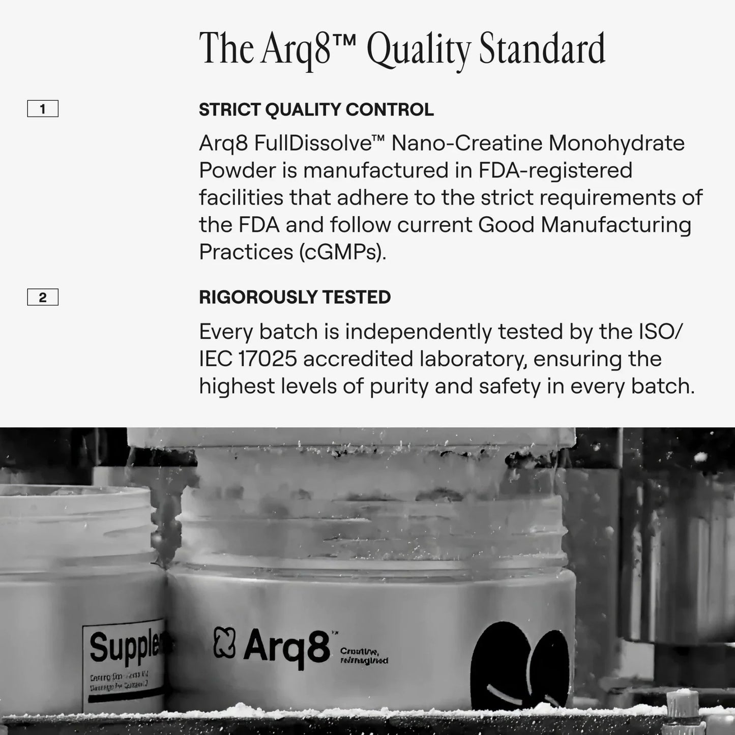 Arq8 Creatine Monohydrate Powder in a container, showing white powder for muscle energy and athletic performance.