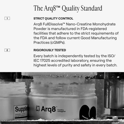 Arq8 Creatine Monohydrate Powder in a container, showing white powder for muscle energy and athletic performance.