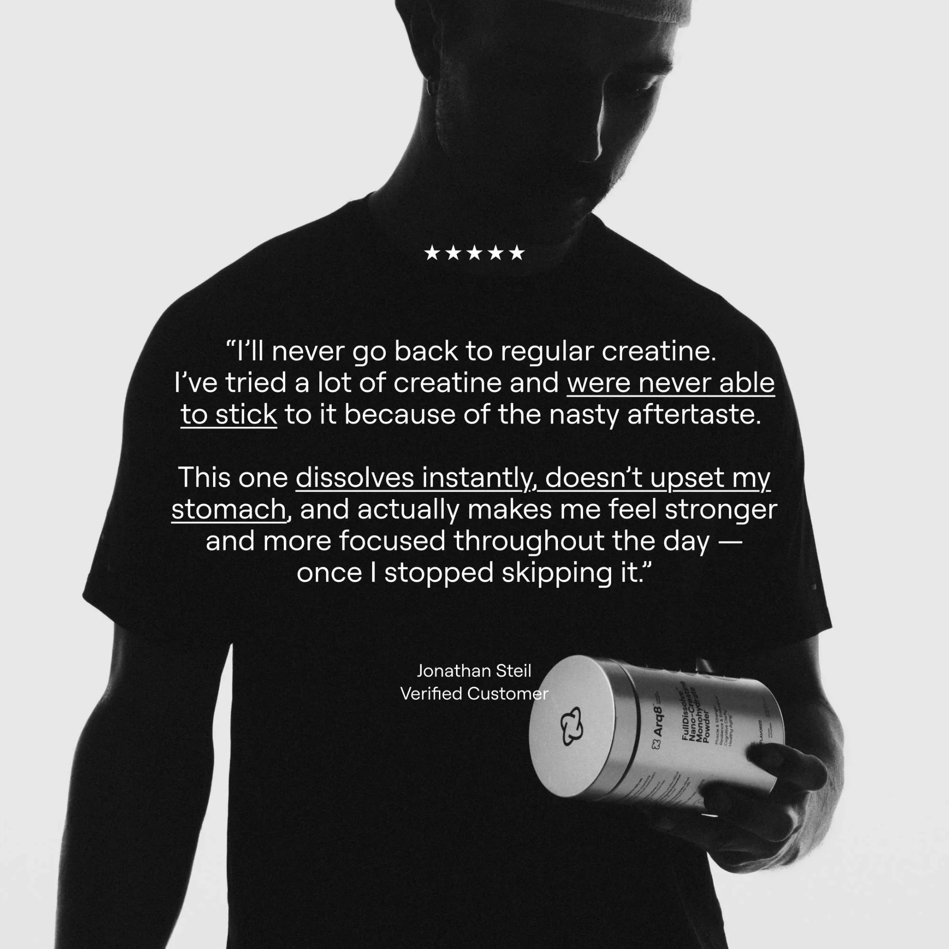 Arq8™ Creatine Monohydrate powder in a container, showing white powder suitable for athletic performance and muscle support.