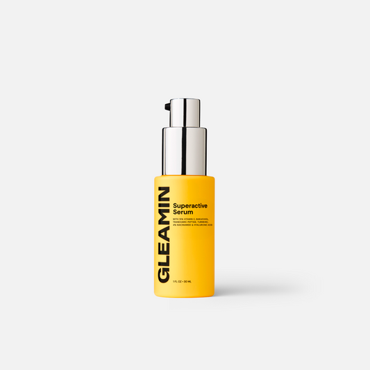 Gleamin Superactive Face Serum bottle with dropper, showcasing the skincare product for brightening and hydration.