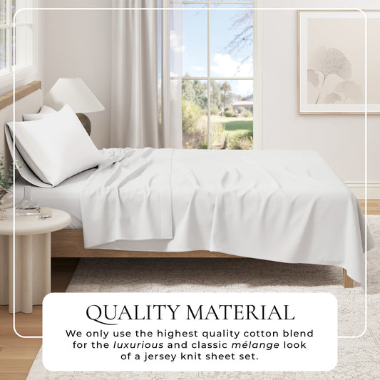 Soft 100% organic cotton jersey knit bed sheets from Great Bay Home, showing smooth, breathable fabric on a neatly made bed.