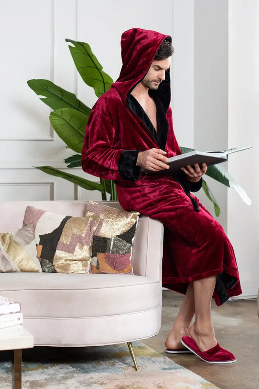 Red men's hooded robe by Lotus Linen, made of ultra-soft plush fabric for cozy comfort and everyday wear.