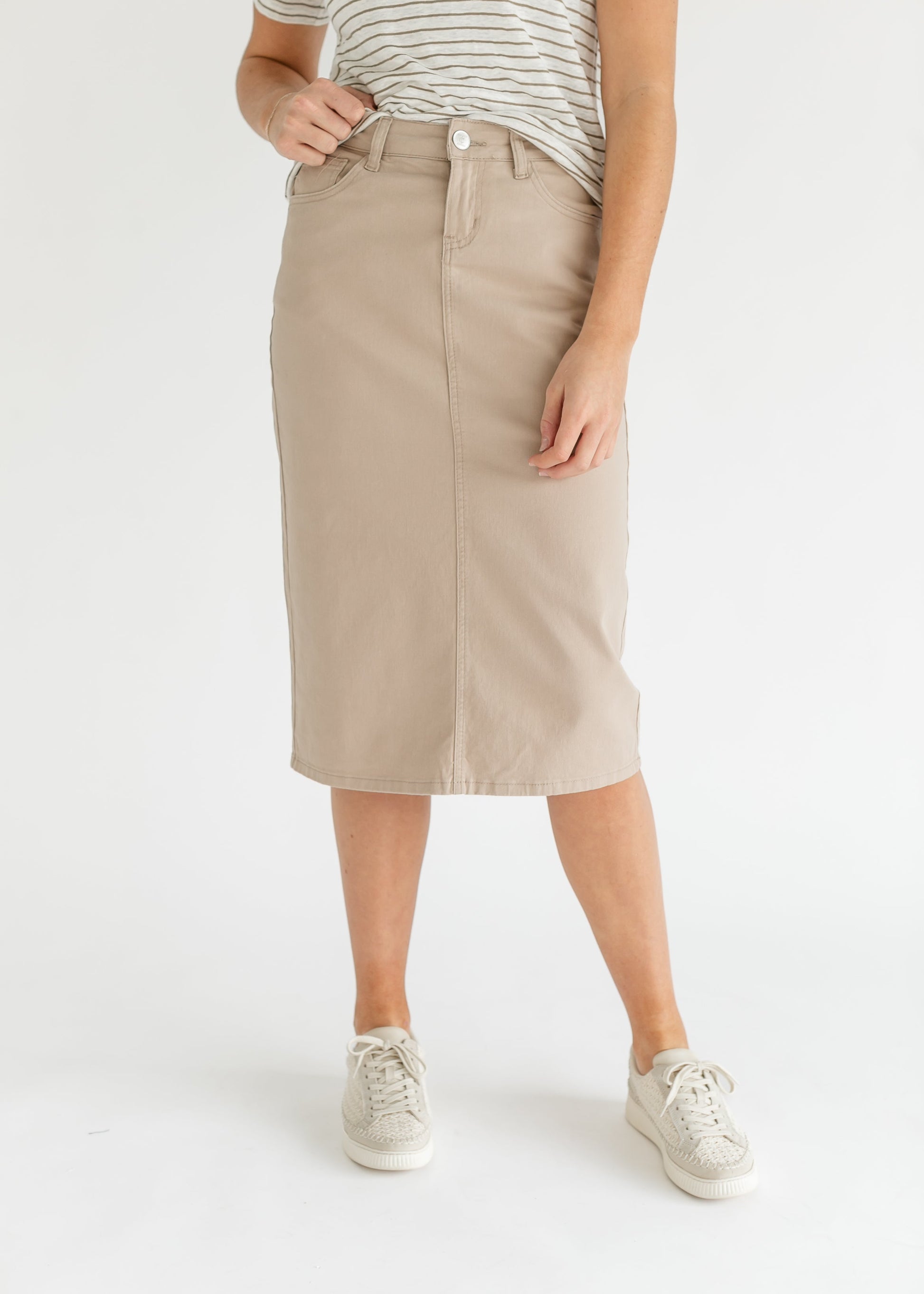 Taupe denim midi skirt from Inherit Co.'s IC Skirts collection, featuring a stylish, versatile design perfect for casual or chic outfits.