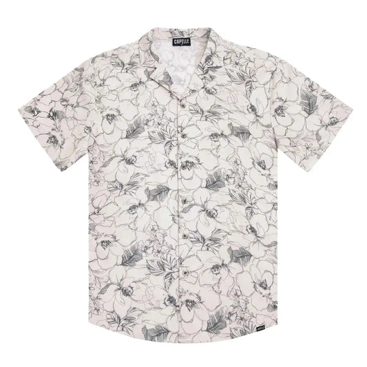 Capelle Miami men's tailored fit short sleeve button-down shirt featuring a vibrant secret garden floral pattern.
