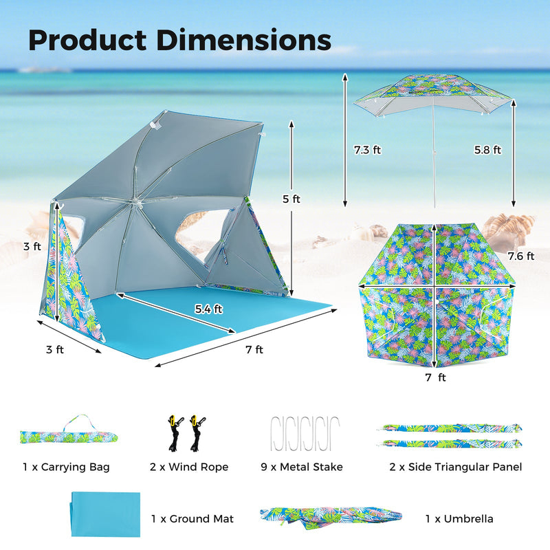 Blue UPF50+ beach umbrella tent by GemGear with portable carrying bag, providing sun protection at the beach.
