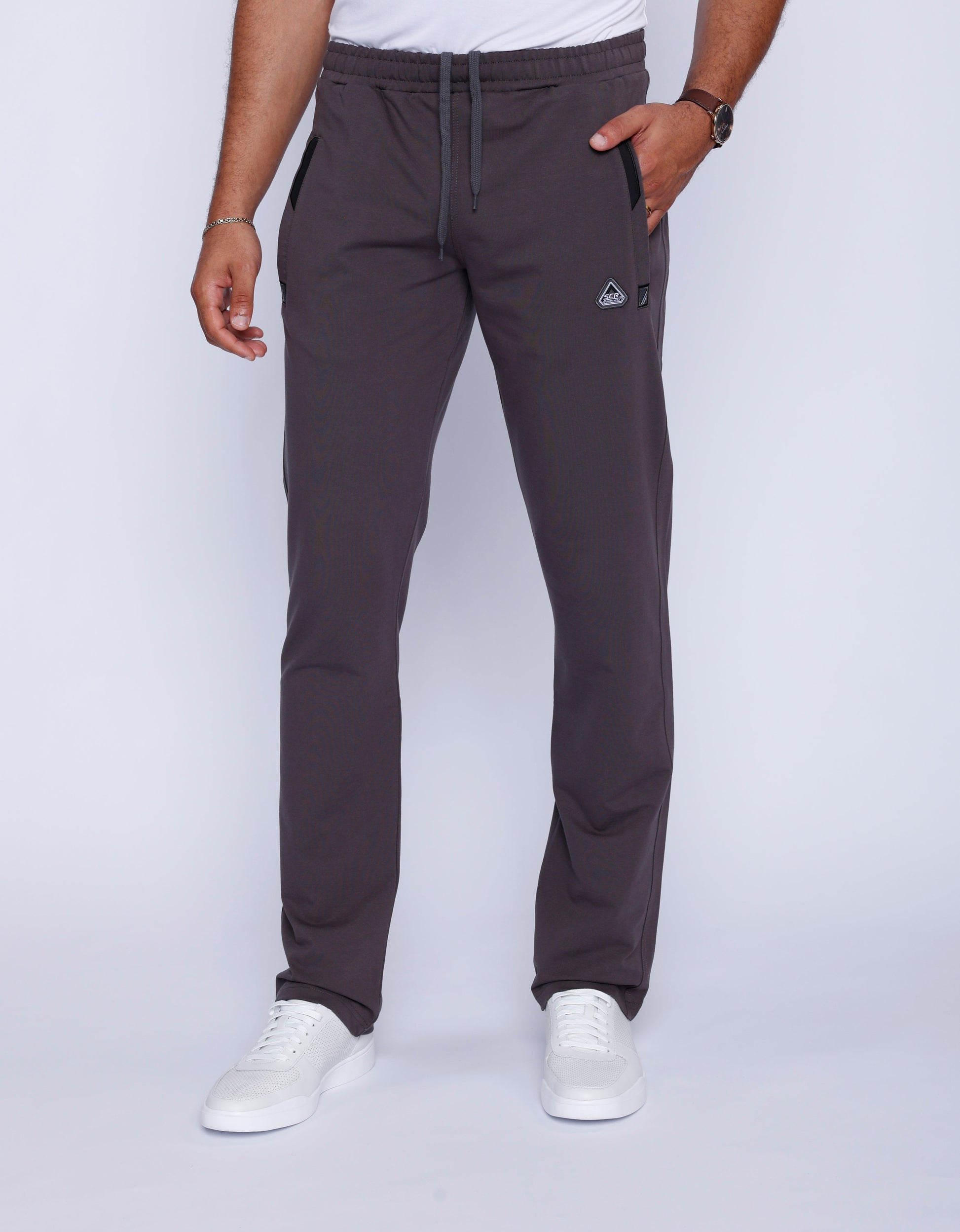 Men's charcoal grey SCR Sportswear all-day comfort athletic sweatpants in straight tall fit with 34-inch inseam, cotton blend fabric.