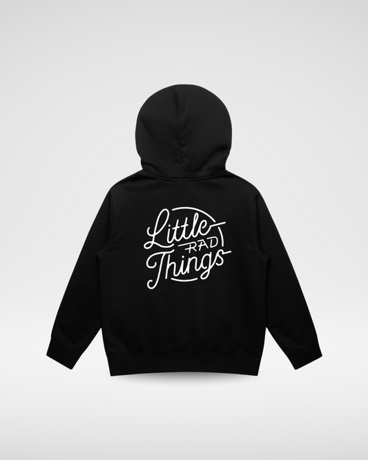Baby and toddler black recycled outerwear featuring The Rad Circle Logo by Little Rad Things, stylish and eco-friendly for little ones.