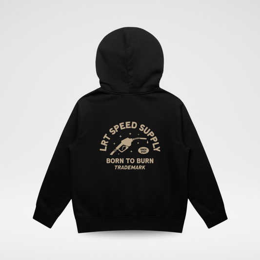 Baby and toddler black hoodie from Little Rad Things' Speed Supply collection, made from recycled materials, casual outerwear.
