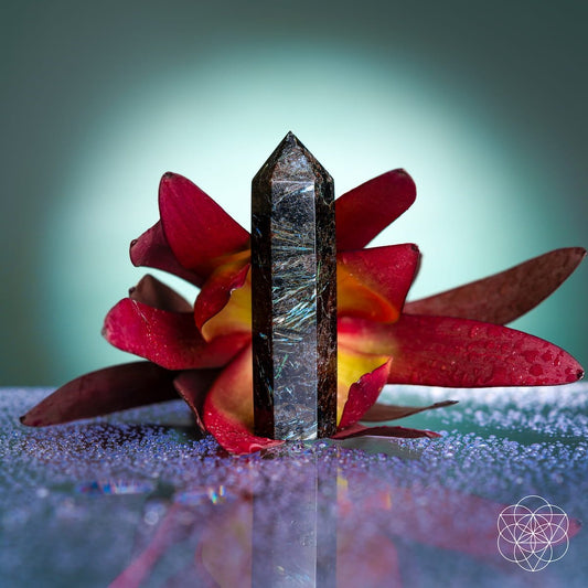 Rare Arfvedsonite point home decoration by Conscious Items, showcasing a polished gemstone with deep blue and black mineral tones.