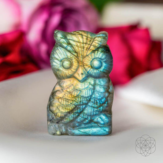 Labradorite owl talisman crystal heart from Conscious Items, featuring a polished stone with natural blue and green flashes.
