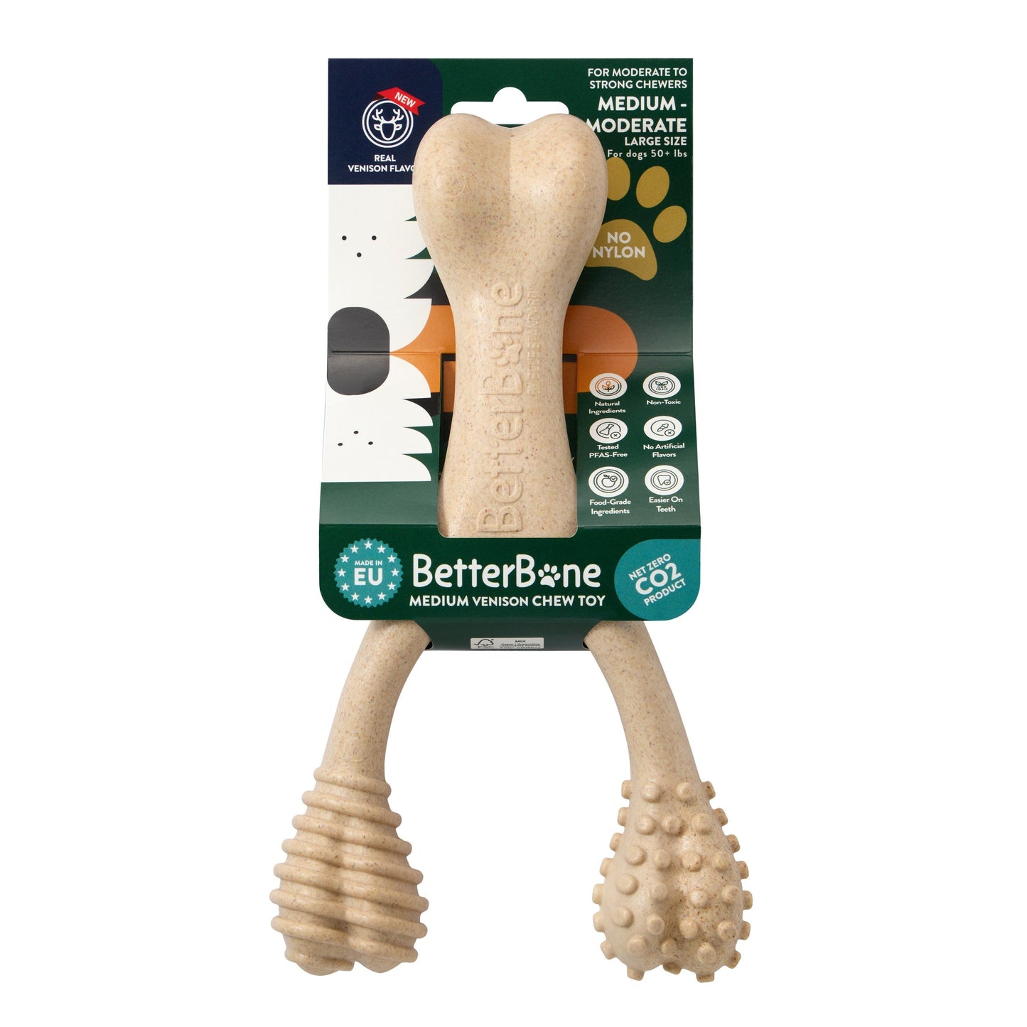 BetterBone Moderate Chew Toy for dogs, made from eco-friendly, all-natural materials, featuring a durable design for chewing and play.