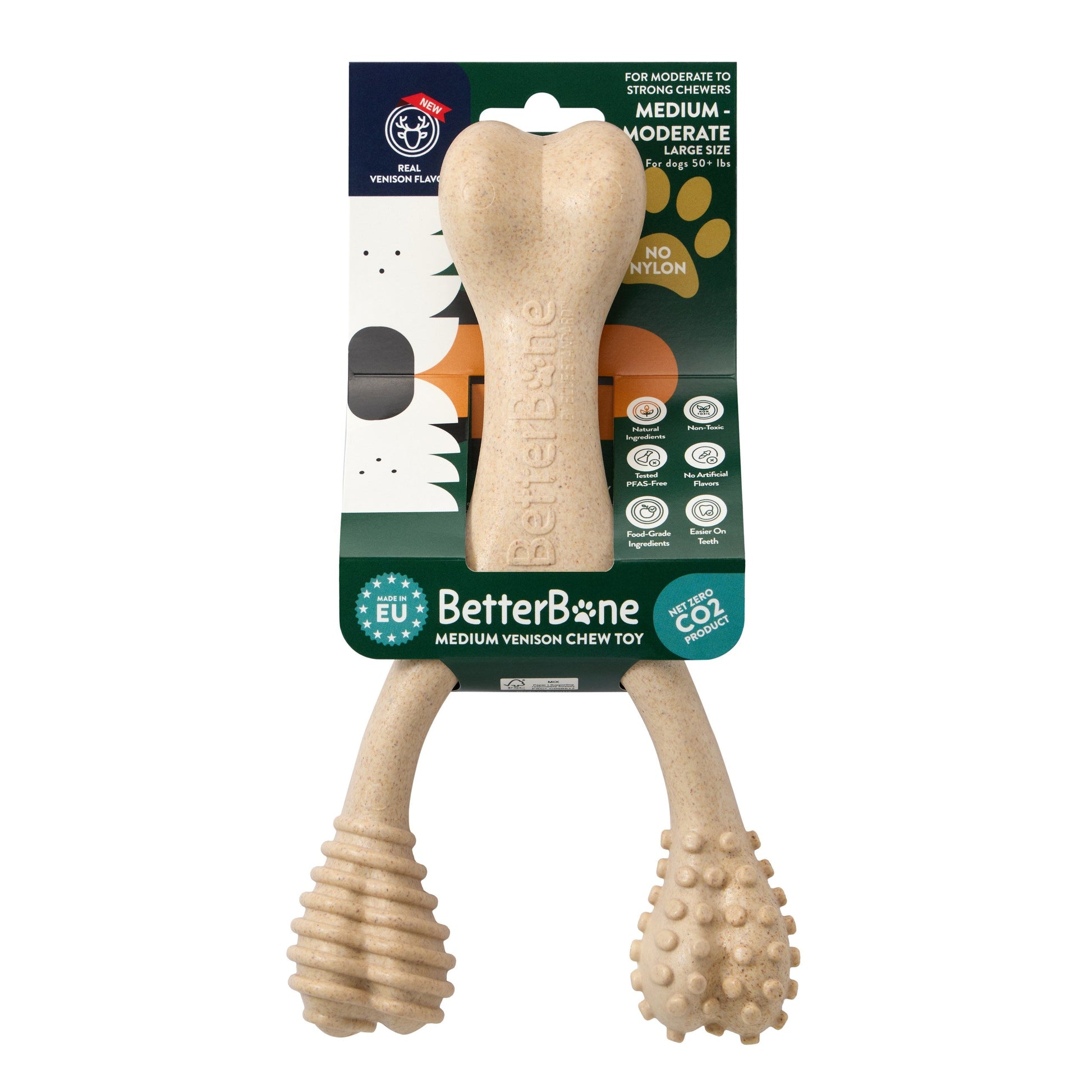 BetterBone Moderate Chew Toy for dogs, made from eco-friendly, all-natural materials, featuring a durable design for chewing and play.