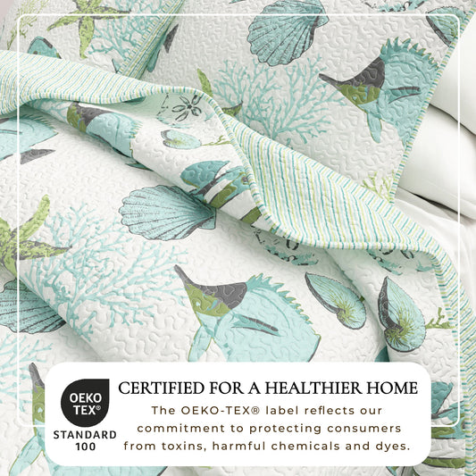 Great Bay Home Seaside Collection quilt set with ocean-inspired patterns and soft fabric for cozy bedroom decor.