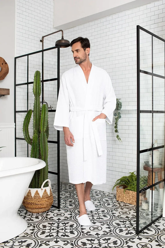 Absorbent, lightweight waffle spa bathrobe for men by Lotus Linen, featuring a cozy, textured design and relaxed fit.