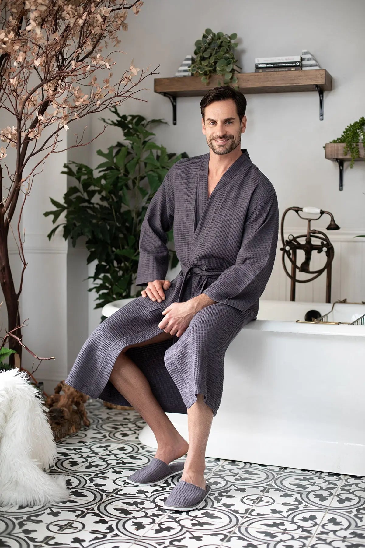 Lightweight waffle spa bathrobe for men by Lotus Linen, showing soft, absorbent fabric with a relaxed fit and belt closure.