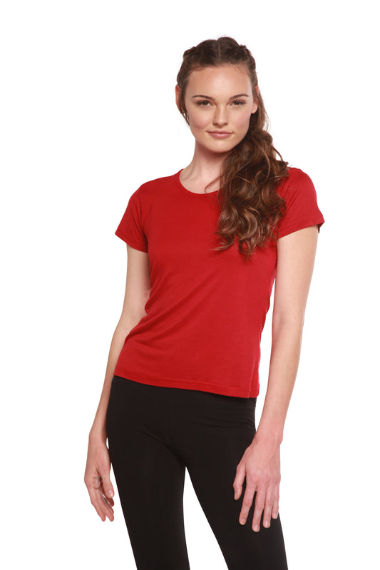 Women's bamboo viscose scoop neck short sleeve T-shirt by Spun Bamboo, shown in a relaxed fit with soft fabric and classic style.