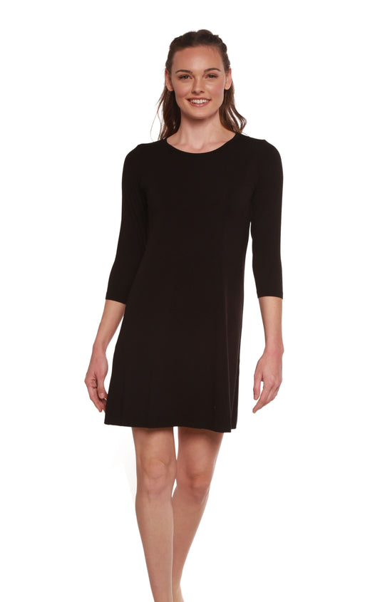 Black women's A-line dress made from bamboo viscose by Spun Bamboo, shown hanging on a wooden hanger.