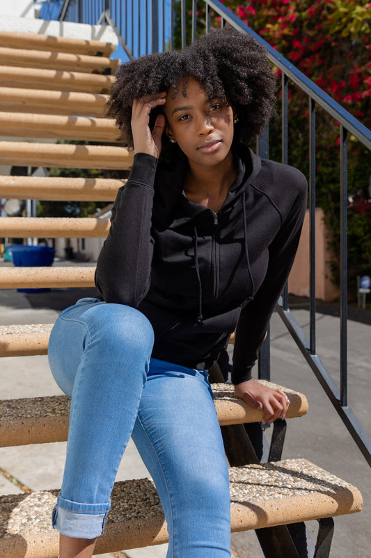 Women's bamboo French terry zip hooded sweatshirt by Spun Bamboo, featuring a hood, front zipper, and relaxed fit in soft fabric.