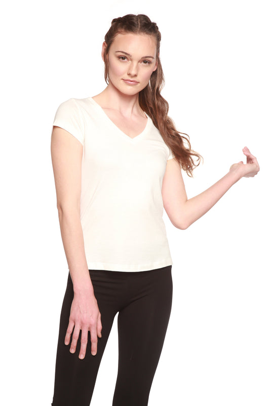 Women's Spun Bamboo V-neck cap sleeve T-shirt made from bamboo viscose and cotton, shown in natural fit and soft fabric.