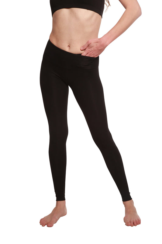 Black women's full-length leggings made from bamboo and cotton by Spun Bamboo, shown as comfortable, fitted women's pants.
