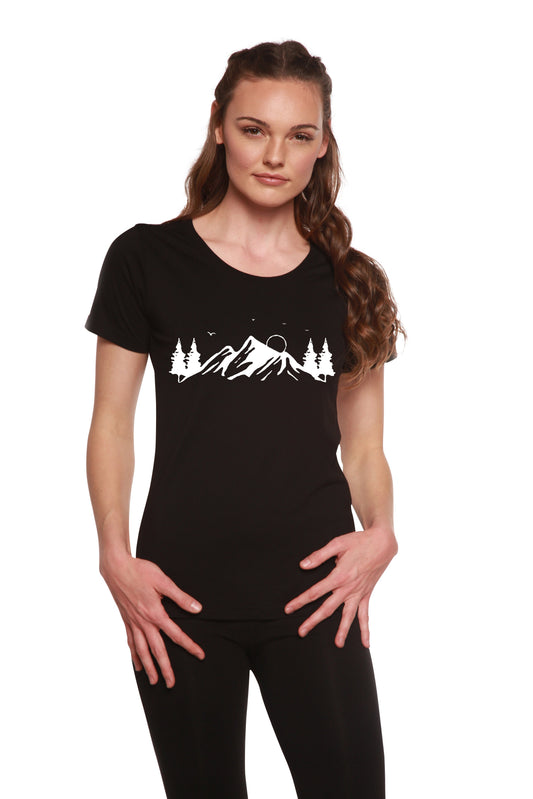 Women's bamboo and cotton short sleeve scoop neck T-shirt with Mauna Kea print by Spun Bamboo, featuring a comfortable fit and natural fabric.