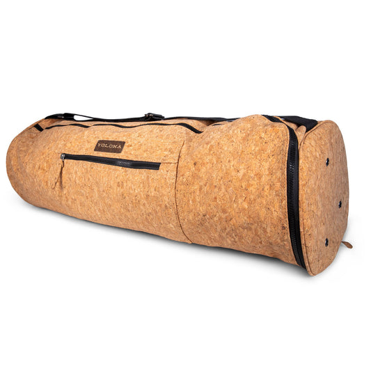 Yoloha Yoga cork yoga mat carrier bag with adjustable strap, designed for carrying and storing yoga mats easily.